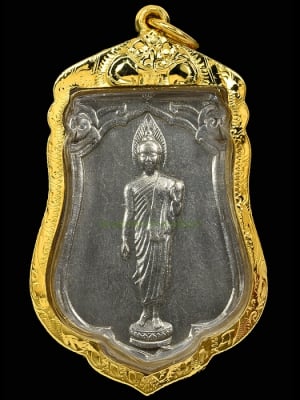 เหรียญเสมา พระพุทธ 25 ศตวรรษ พิมพ์ลึก เนื้ออาปาก้า แขนโต  นิยม หายาก ปี2500 เลี่ยมทอง พิธีใหญ่สุดๆเกจิมาก